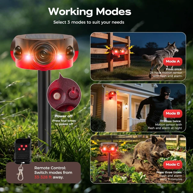 Alt view image 4 of 7 - Solar Outdoor Motion Sensor Alarm - 30s Custom Recording, 120dB Siren 14 Sounds, 360° Motion Detector Alarm with Remote Controller for Home, Villa, Farm, Barn