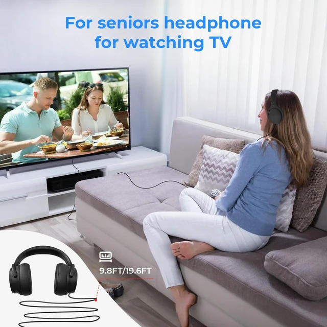 Alt view image 4 of 7 - Long Cord Wired Headphones for tv with Volume Control, Over Ear Headphone tv Watching for Seniors with Extra Long Cord, Universal 3.5mm AUX Audio(19.6FT)