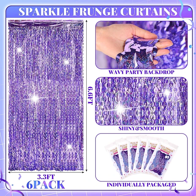 Alt view image 2 of 7 - 6 Pcs Foil Fringe Curtains Backdrop Tinsel, Purple 3.3x6.6 ft Wavy Shimmer Metallic Streamer for PartiesOcean Mermaid Birthday Shower,Photo Booth Background