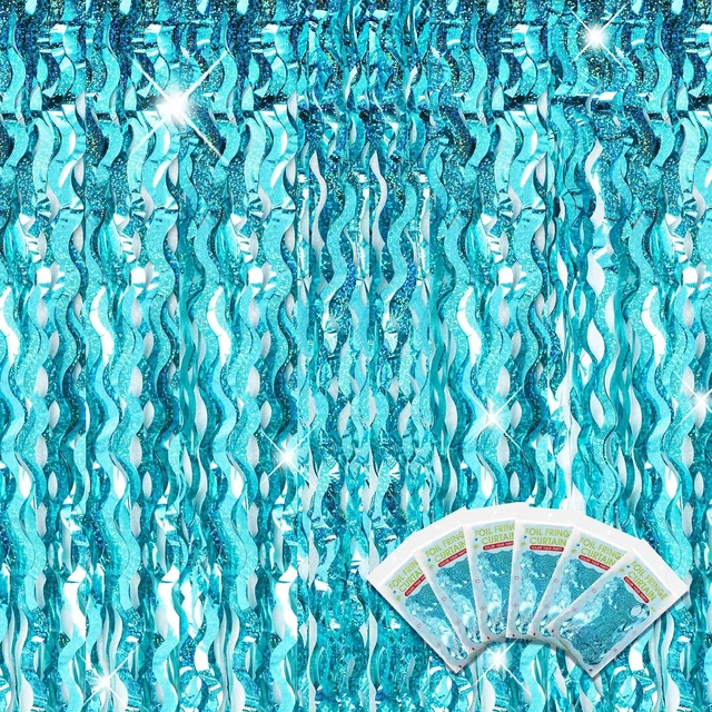 Main image of 6 Pcs Foil Fringe Curtains Backdrop Tinsel, Blue Green 3.3x6.6 ft Wavy Shimmer Metallic Streamer for PartiesOcean Mermaid Birthday Shower,Photo Booth Background