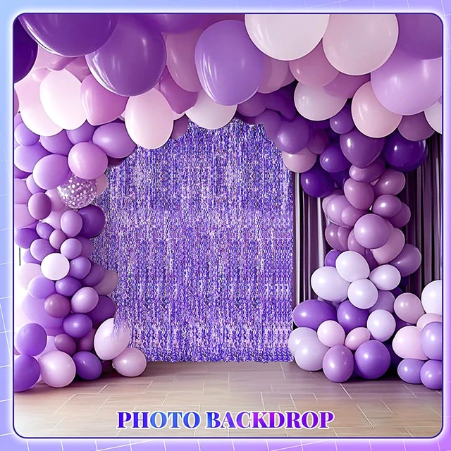 Alt view image 5 of 7 - 6 Pcs Foil Fringe Curtains Backdrop Tinsel, Purple 3.3x6.6 ft Wavy Shimmer Metallic Streamer for PartiesOcean Mermaid Birthday Shower,Photo Booth Background