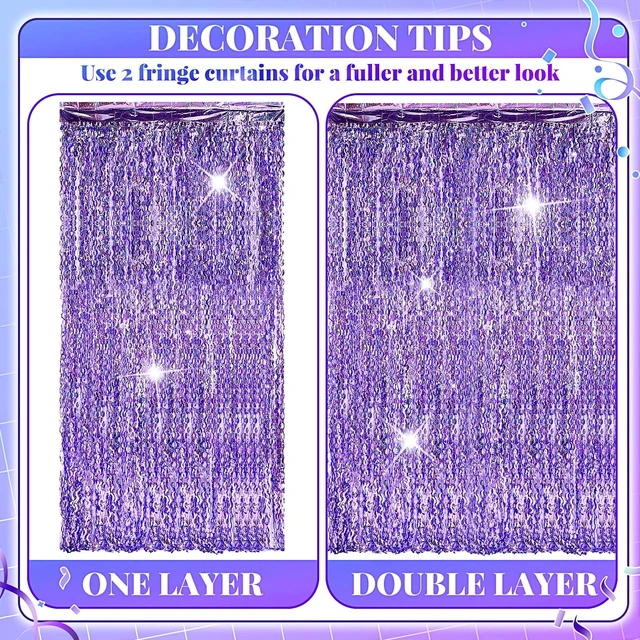 Alt view image 4 of 7 - 6 Pcs Foil Fringe Curtains Backdrop Tinsel, Purple 3.3x6.6 ft Wavy Shimmer Metallic Streamer for PartiesOcean Mermaid Birthday Shower,Photo Booth Background