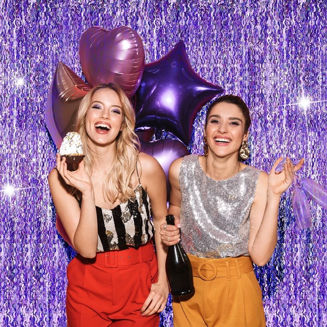 Alt view image 7 of 7 - 6 Pcs Foil Fringe Curtains Backdrop Tinsel, Purple 3.3x6.6 ft Wavy Shimmer Metallic Streamer for PartiesOcean Mermaid Birthday Shower,Photo Booth Background