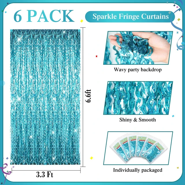 Alt view image 2 of 6 - 6 Pcs Foil Fringe Curtains Backdrop Tinsel, Blue Green 3.3x6.6 ft Wavy Shimmer Metallic Streamer for PartiesOcean Mermaid Birthday Shower,Photo Booth Background