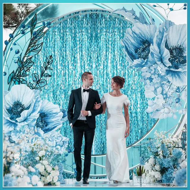 Alt view image 5 of 6 - 6 Pcs Foil Fringe Curtains Backdrop Tinsel, Blue Green 3.3x6.6 ft Wavy Shimmer Metallic Streamer for PartiesOcean Mermaid Birthday Shower,Photo Booth Background