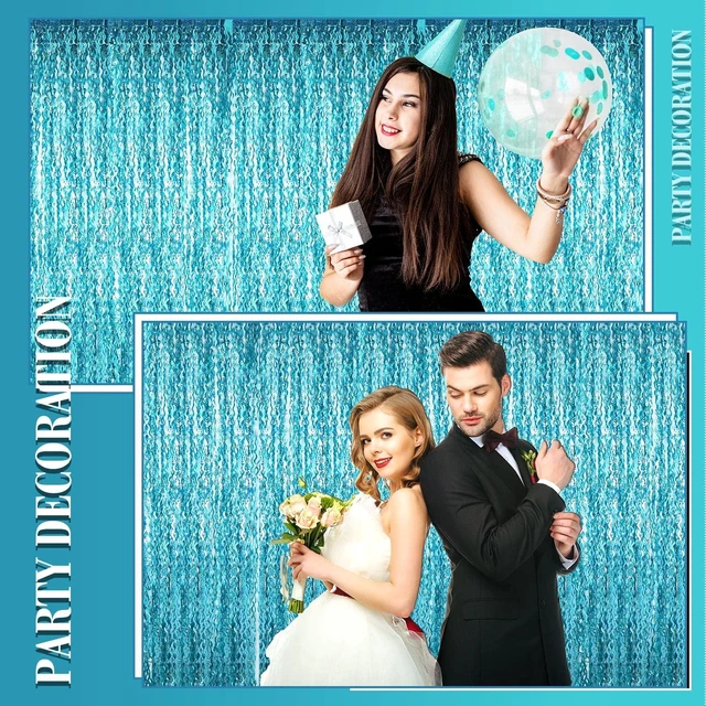 Alt view image 6 of 6 - 6 Pcs Foil Fringe Curtains Backdrop Tinsel, Blue Green 3.3x6.6 ft Wavy Shimmer Metallic Streamer for PartiesOcean Mermaid Birthday Shower,Photo Booth Background