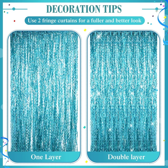 Alt view image 4 of 6 - 6 Pcs Foil Fringe Curtains Backdrop Tinsel, Blue Green 3.3x6.6 ft Wavy Shimmer Metallic Streamer for PartiesOcean Mermaid Birthday Shower,Photo Booth Background