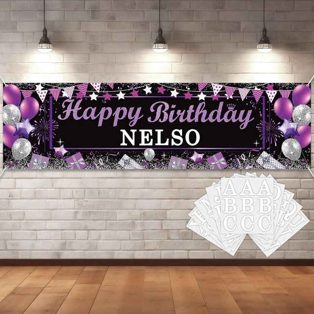Main image of Personalized Birthday Banner Happy Birthday Party Decoration Custom DIY Black & Purple Birthdays Backdrop with Name Alphabet Letter Sticker Happy Birthdays Sign Party Supplies for Men Women