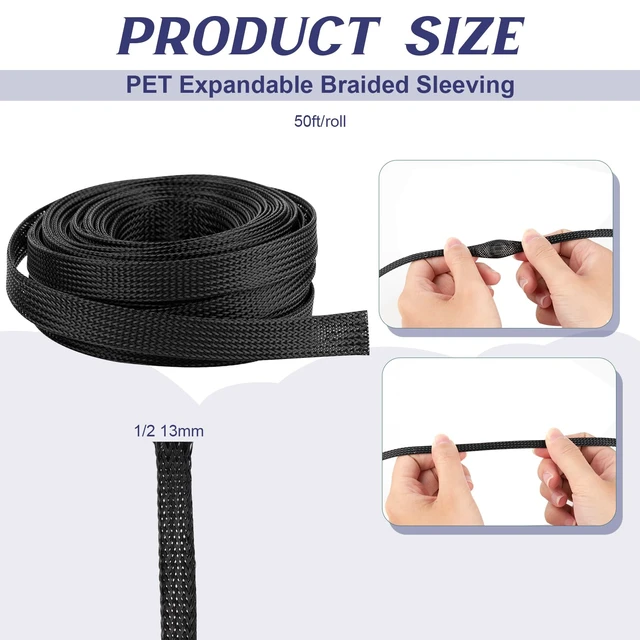 Alt view image 2 of 7 - 50ft 1/2 Inches Braided Wire Loom Automotive PET Cable Loom Expandable Braided Cable Sleeving Mesh Wire Loom for TV, Computer, Home Theater, Black