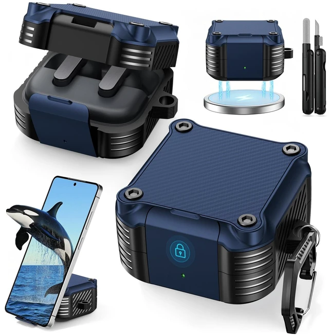 Main image of Lock Case for Samsung Galaxy Buds 4 Pro/Buds 4 Case (2026) (Blue) Rugged Carbon Fiber Cover with Phone Stand & Cleaning Kit & Carabiner, Compatible with MagSafe