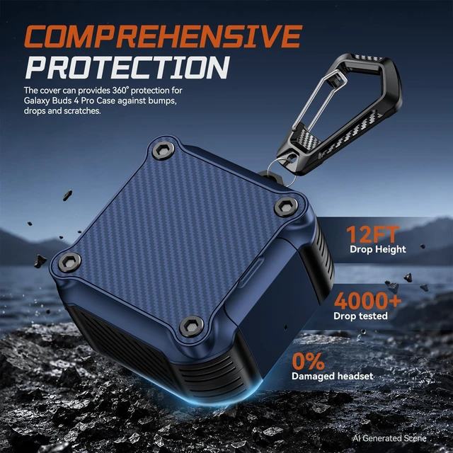 Alt view image 4 of 7 - Lock Case for Samsung Galaxy Buds 4 Pro/Buds 4 Case (2026) (Blue) Rugged Carbon Fiber Cover with Phone Stand & Cleaning Kit & Carabiner, Compatible with MagSafe