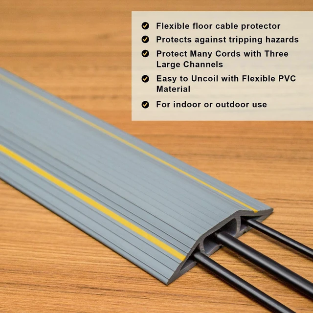 Alt view image 4 of 7 - Heavy Duty Floor Cable Cover Cable Protector, 6.5 Ft, 3 Channels Grey Floor Cord Cover, Mid Channel 0.93", Contains Cords, Cables and Wires, Office, Home, or Outdoor