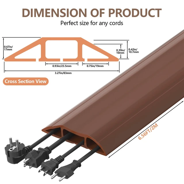 Alt view image 2 of 7 - Heavy Duty Floor Cable Cover, 6.5ft 3-Channel Cord Protector 0.93in Mid Channel, Holds Cords Wires, Office Home Outdoor, Anti-trip, PVC, Floor Cord Cover, Heavy Duty Protection, Brown