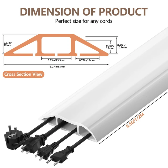 Alt view image 2 of 7 - Heavy Duty Floor Cable Cover, 6.5ft 3-Channel Cord Protector 0.93in Mid Channel, Holds Cords Wires, Office Home Outdoor, Anti-trip, PVC Rubber, Floor Cord Cover, Heavy Duty Protection