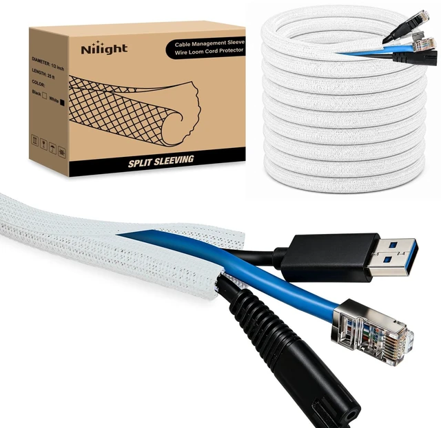 Main image of Cable Sleeve, 25ft-1/2inch Cord Management Sleeves White Wire Loom Braided Sleeving, Split Self Wrapping Wire Loom for Computer Electrical Automotive Harness Protector Organizer, White