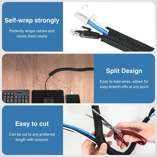 Alt view image 3 of 7 - Cable Sleeve, 25ft-1/2inch Cord Management Sleeves Black Wire Loom Braided Sleeving, Split Self Wrapping Wire Loom for Computer Electrical Automotive Harness Protector Organizer, Black