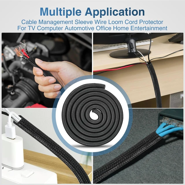 Alt view image 6 of 7 - Cable Sleeve, 25ft-1/2inch Cord Management Sleeves Black Wire Loom Braided Sleeving, Split Self Wrapping Wire Loom for Computer Electrical Automotive Harness Protector Organizer, Black