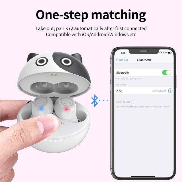 Alt view image 3 of 7 - Wireless Earbuds,Cartoon Wireless Bluetooth 5.0 Headset Built-in Mic,Cute Panda Earbuds,IPX5 Waterproof Headphones,Wireless Sports Earphones,36H Playtime HiFi Stereo Deep Bass Earbuds