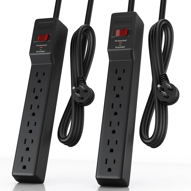 Main image of 2 Pack Power Strip Surge Protector 4 FT 6-Outlet, 980 Joules, Flat Plug, Wall Mountable for Home Office Garage, ETL Listed, Black