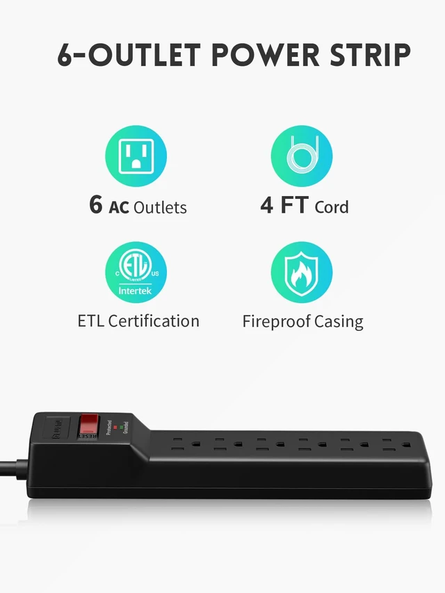 Alt view image 2 of 7 - 2 Pack Power Strip Surge Protector 4 FT 6-Outlet, 980 Joules, Flat Plug, Wall Mountable for Home Office Garage, ETL Listed, Black
