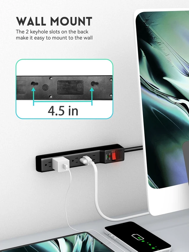 Alt view image 5 of 7 - 2 Pack Power Strip Surge Protector 4 FT 6-Outlet, 980 Joules, Flat Plug, Wall Mountable for Home Office Garage, ETL Listed, Black