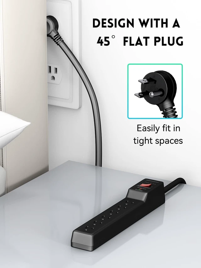 Alt view image 6 of 7 - 2 Pack Power Strip Surge Protector 4 FT 6-Outlet, 980 Joules, Flat Plug, Wall Mountable for Home Office Garage, ETL Listed, Black