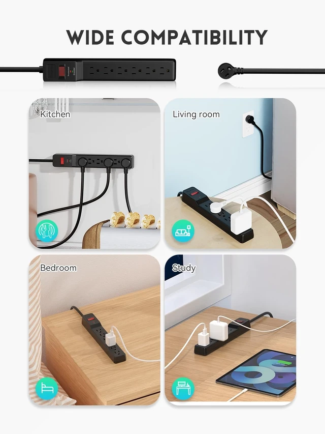 Alt view image 7 of 7 - 2 Pack Power Strip Surge Protector 4 FT 6-Outlet, 980 Joules, Flat Plug, Wall Mountable for Home Office Garage, ETL Listed, Black