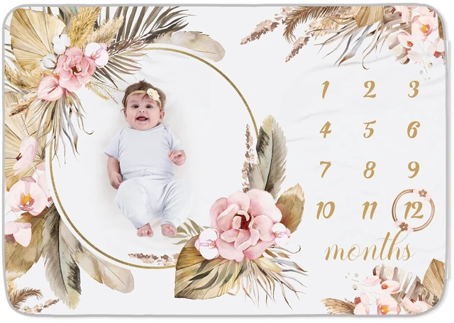 Main image of 2 Pcs Baby Girl Monthly Milestone Blanket Floral, Boho, Beige 1 Month Age Growth Calendar Blanket Newborn Shower Gifts Nursery Decor with Felt Wreath Frame