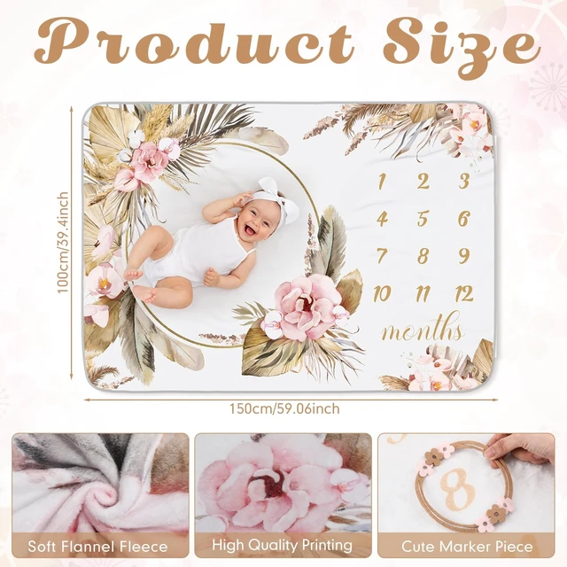 Alt view image 2 of 6 - 2 Pcs Baby Girl Monthly Milestone Blanket Floral, Boho, Beige 1 Month Age Growth Calendar Blanket Newborn Shower Gifts Nursery Decor with Felt Wreath Frame
