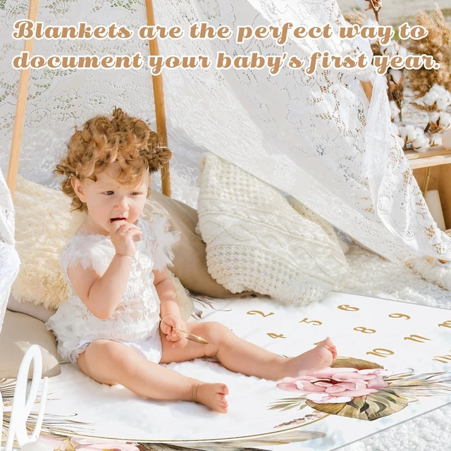 Alt view image 5 of 6 - 2 Pcs Baby Girl Monthly Milestone Blanket Floral, Boho, Beige 1 Month Age Growth Calendar Blanket Newborn Shower Gifts Nursery Decor with Felt Wreath Frame
