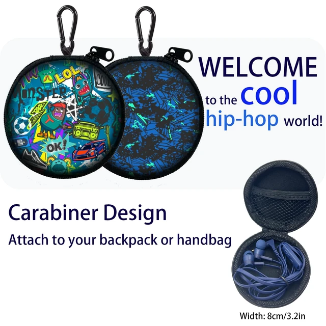 Alt view image 4 of 7 - 2-Pack Teens Wired Earbuds with Cases, 3.5mm School Headphones, Graffiti 2-pack wired student earbuds with D-ring carabiner clips to attach on school backpacks, 2 aesthetic cases & mics
