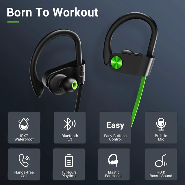 Alt view image 2 of 7 - Bluetooth 5.3 Headphones, Wireless Sports In-Ear Earbuds IPX7 Waterproof 16 Hours Playtime, Sweatproof Stereo Earphones with MIC, Noise Cancelling Headsets for Gym Running Workout, Clear Sound