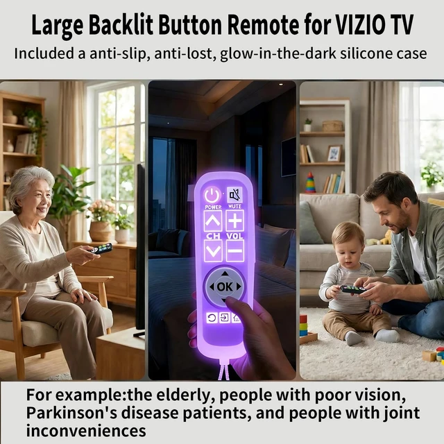 Alt view image 6 of 7 - Backlit Big Button TV Remote Replacement for Vizio TV with Cover & Hook, Universal Remote No Setup for Seniors People with Poor Vision,Parkinson's Disease Patient
