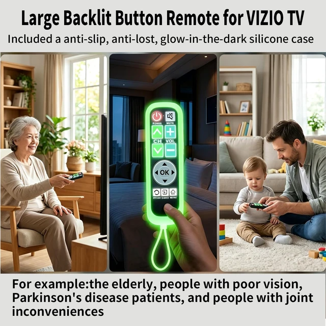 Alt view image 6 of 7 - Backlit Big Button TV Remote Replacement for Vizio TV with Cover & Hook, Universal Remote No Setup for Seniors People with Poor Vision,Parkinson's Disease Patient