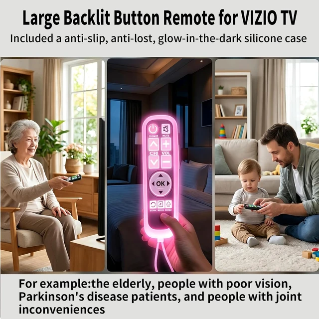 Alt view image 6 of 7 - Backlit Big Button TV Remote Replacement for Vizio TV with Cover & Hook, Universal Remote No Setup for Seniors People with Poor Vision,Parkinson's Disease Patient