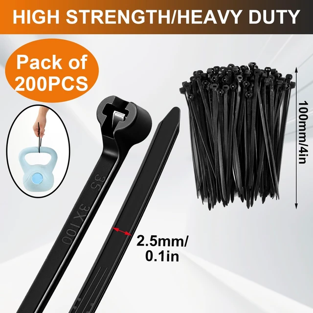 Alt view image 2 of 7 - 4 Inch 200 Pcs Black Zip Tie Cable Tie with Metal Tooth Self Locking Nylon Cable Zip Ties, 17 Lbs Tensile Strength, UV Resistant Wire Wraps Multi Purpose for Industrial Indoor Outdoor Use