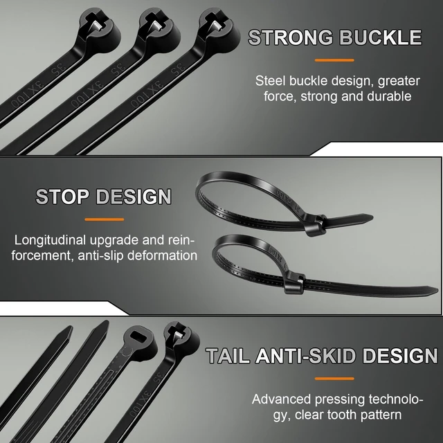 Alt view image 3 of 7 - 4 Inch 200 Pcs Black Zip Tie Cable Tie with Metal Tooth Self Locking Nylon Cable Zip Ties, 17 Lbs Tensile Strength, UV Resistant Wire Wraps Multi Purpose for Industrial Indoor Outdoor Use