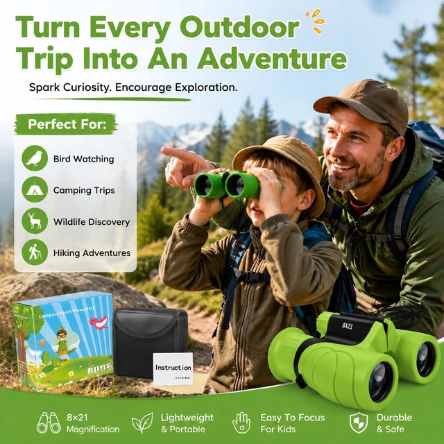 Alt view image 3 of 7 - Kids Binoculars Shockproof 8 x 21 High Resolution for 3-12 Boys and Girls,Perfect for Bird Watching, Hiking,Camping,Travel, Christmas Birthday Gift