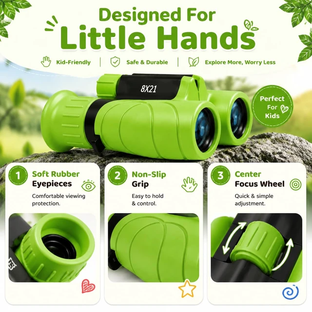 Alt view image 4 of 7 - Kids Binoculars Shockproof 8 x 21 High Resolution for 3-12 Boys and Girls,Perfect for Bird Watching, Hiking,Camping,Travel, Christmas Birthday Gift