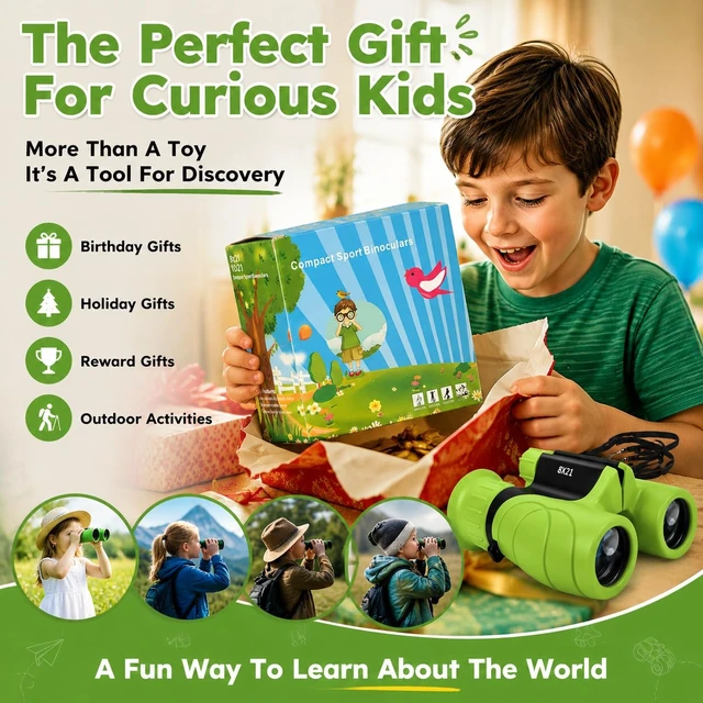 Alt view image 6 of 7 - Kids Binoculars Shockproof 8 x 21 High Resolution for 3-12 Boys and Girls,Perfect for Bird Watching, Hiking,Camping,Travel, Christmas Birthday Gift
