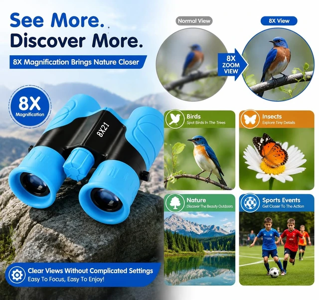 Alt view image 2 of 7 - Binoculars for Kids 8x21 High-Resolution for Bird Watching Camping, Exploration, Hiking, Hunting, Sports Events and Safari Park Gifts for 3-12 Year Boys Girls