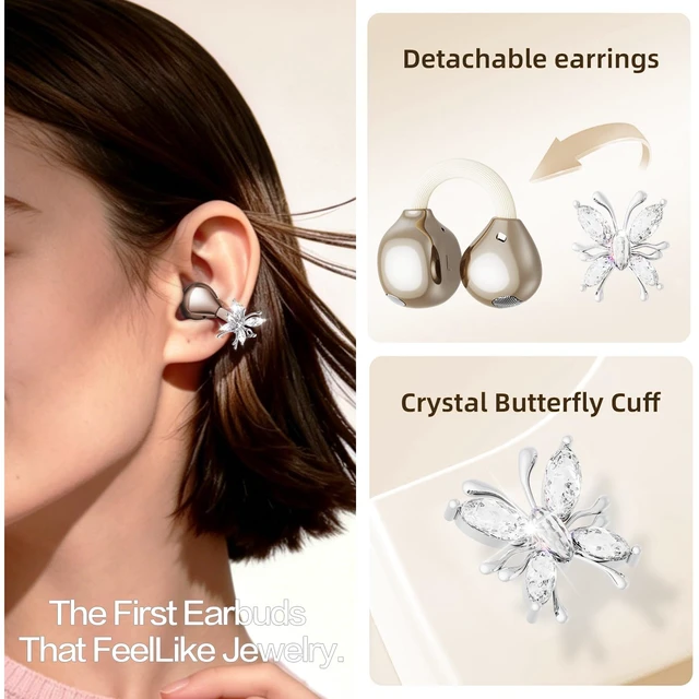 Alt view image 2 of 7 - 2026 Great Gift Clip On Earbuds with Heart Design & Detachable Butterfly Earrings,Bluetooth 6.0 Wireless Headphones for Women, IPX6 Waterproof,40H Playtime,Comfortable for Small Ears Skin