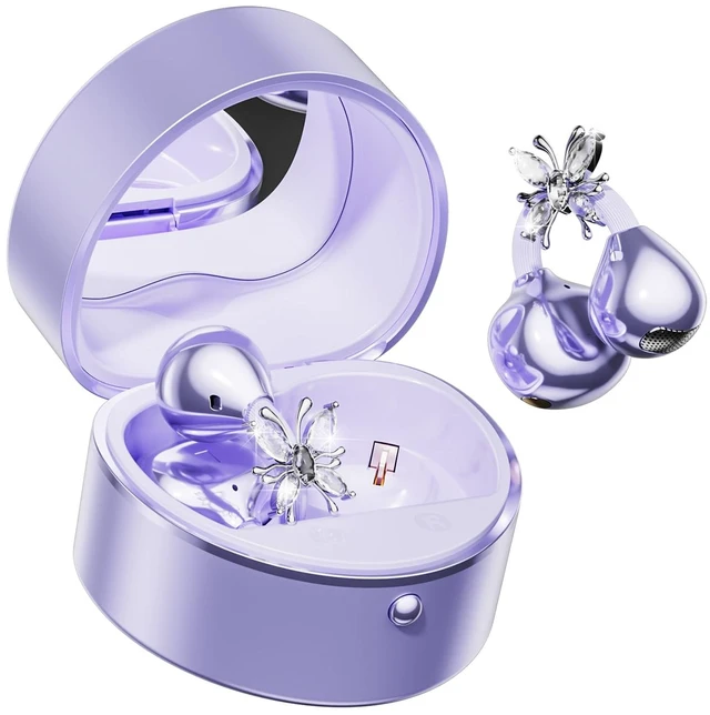 Main image of 2026 Great Gift Clip On Earbuds with Heart Design & Detachable Butterfly Earrings,Bluetooth 6.0 Wireless Headphones for Women, IPX6 Waterproof,40H Playtime,Comfortable for Small Ears & Glasses