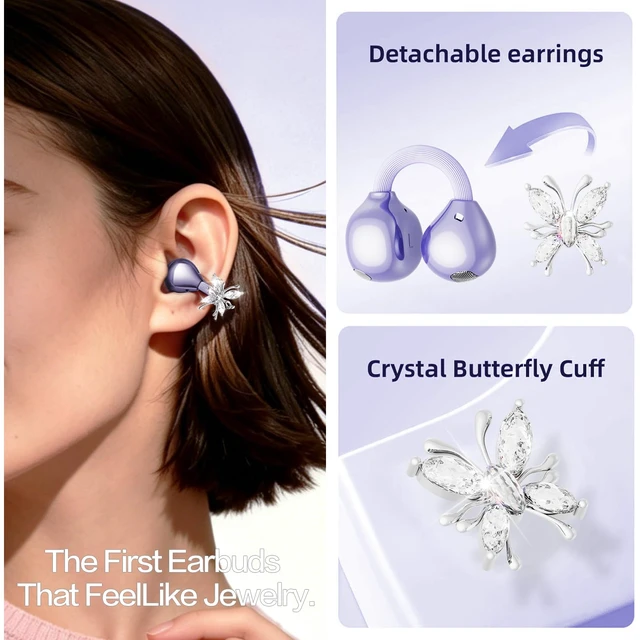 Alt view image 2 of 7 - 2026 Great Gift Clip On Earbuds with Heart Design & Detachable Butterfly Earrings,Bluetooth 6.0 Wireless Headphones for Women, IPX6 Waterproof,40H Playtime,Comfortable for Small Ears & Glasses