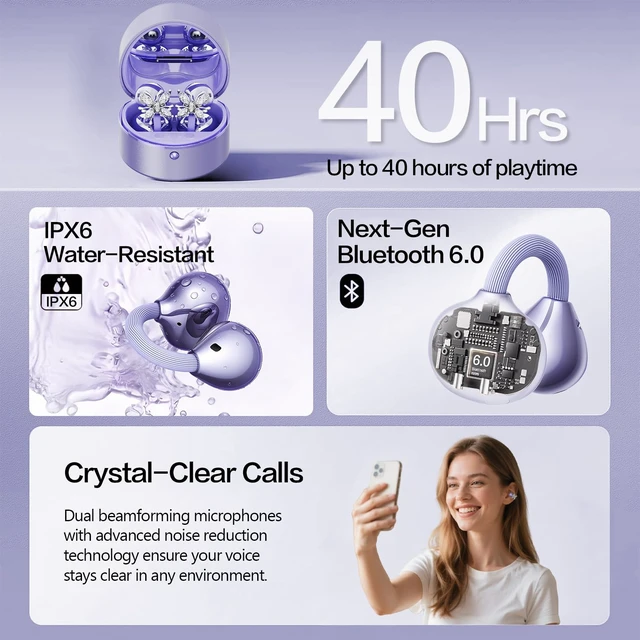 Alt view image 3 of 7 - 2026 Great Gift Clip On Earbuds with Heart Design & Detachable Butterfly Earrings,Bluetooth 6.0 Wireless Headphones for Women, IPX6 Waterproof,40H Playtime,Comfortable for Small Ears & Glasses