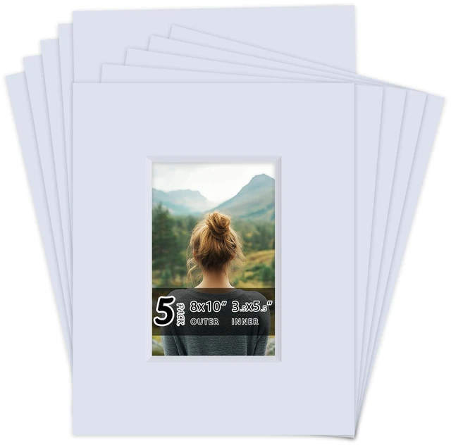 Main image of 5 Pack Acid Free 8x10 White Picture Mats Board Kit for 4x6 4-Ply Beveled Pre-Cut Photo Mats with Backing Board for Frames, Artwork and Prints