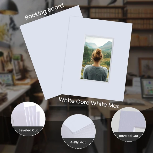 Alt view image 4 of 6 - 5 Pack Acid Free 8x10 White Picture Mats Board Kit for 4x6 4-Ply Beveled Pre-Cut Photo Mats with Backing Board for Frames, Artwork and Prints