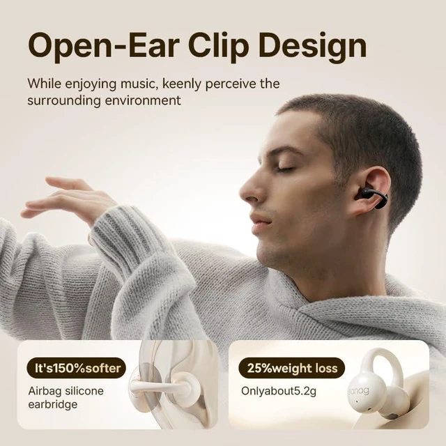 Alt view image 2 of 7 - Open Ear Headphones, Bluetooth 6.0 Wireless Earbuds with Clip Design, 40H Playtime, IP67 Waterproof, Ultra-Light Comfortable for Running, Gym, Sports, Work (Black) (Beige)