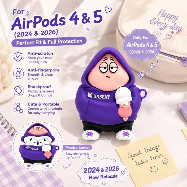 Alt view image 2 of 7 - Cute 3D Cartoon Case for AirPods 4 (2024) & 5 (2026), Silicone Cover Cute 3D cartoon silicone cover with keychain and cleaning pen for playful everyday protection, easy carrying, and fun style