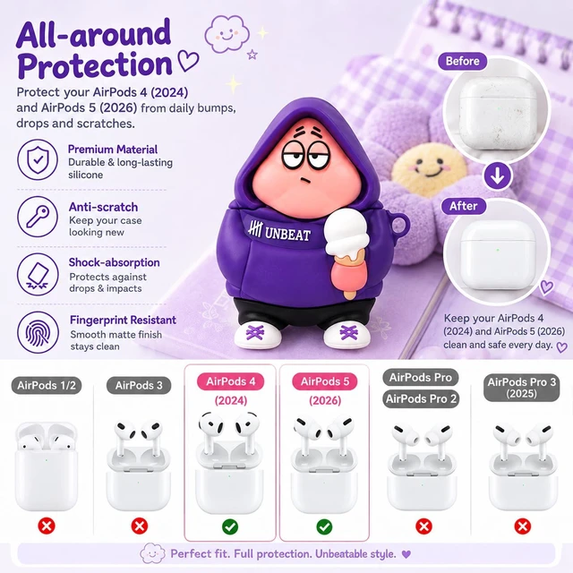 Alt view image 3 of 7 - Cute 3D Cartoon Case for AirPods 4 (2024) & 5 (2026), Silicone Cover Cute 3D cartoon silicone cover with keychain and cleaning pen for playful everyday protection, easy carrying, and fun style